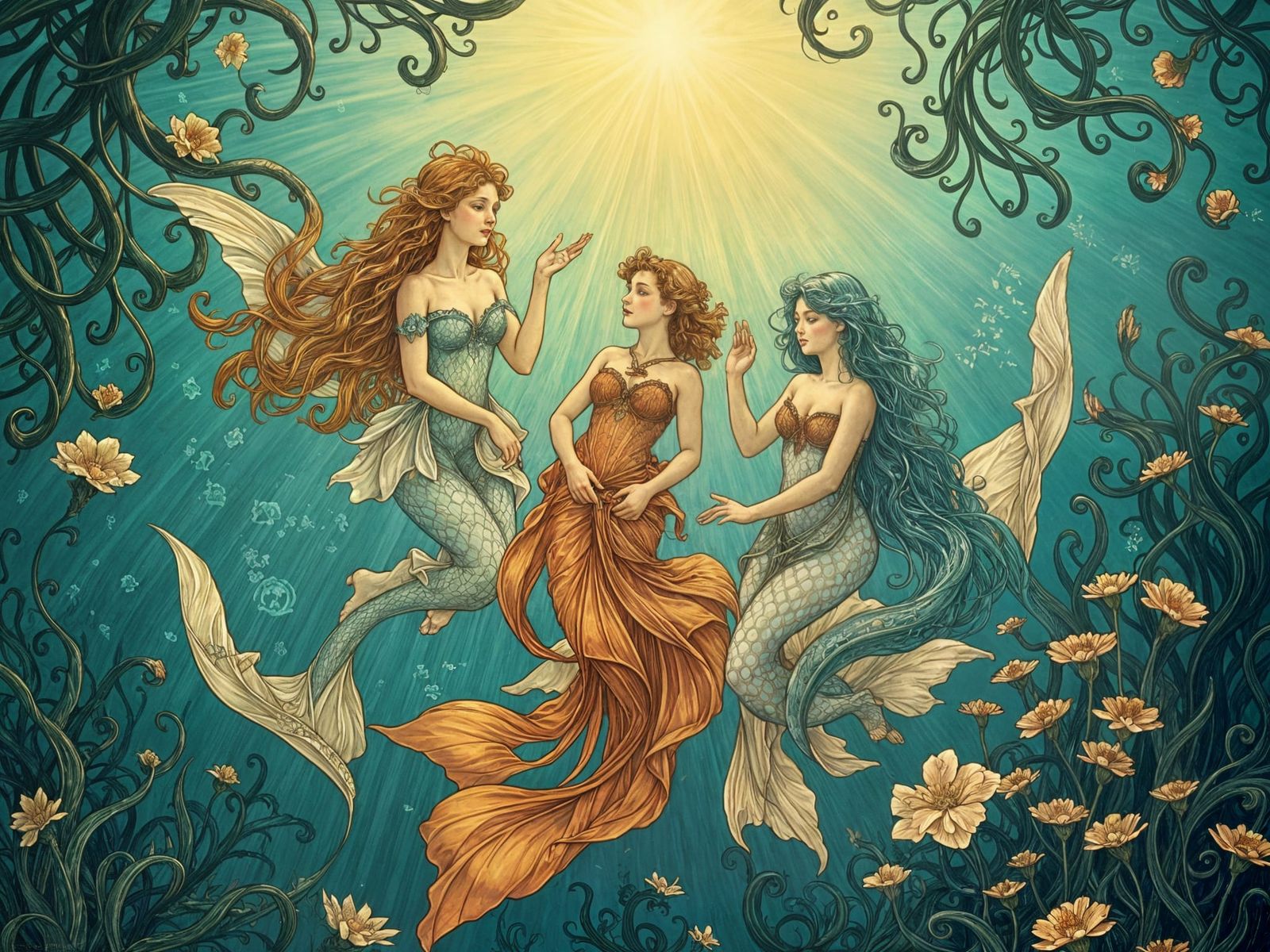Tritons and Nymphs in Sunlit Ocean, Art Nouveau Style