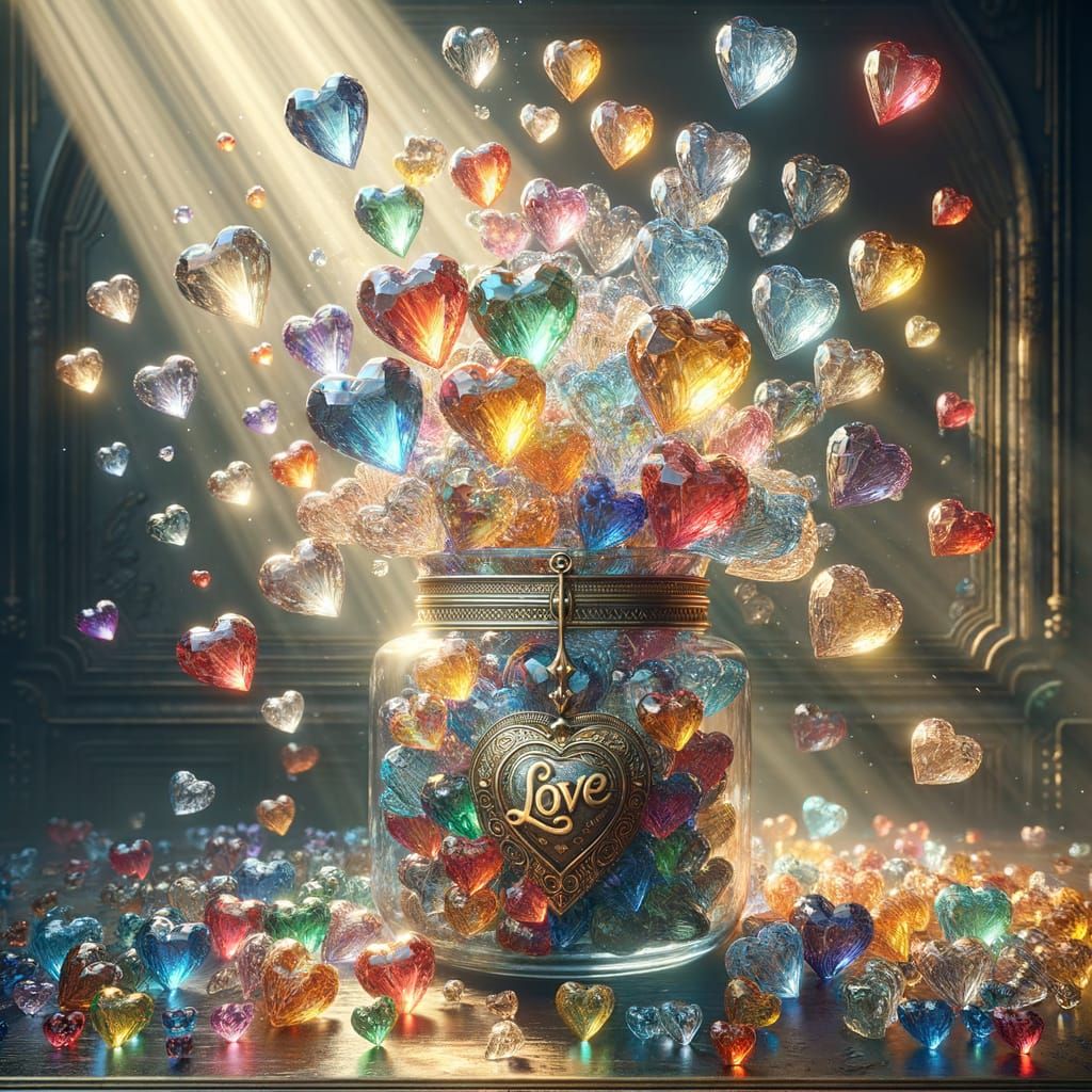 Vibrant Crystal Hearts Burst from Antique Glass Jar