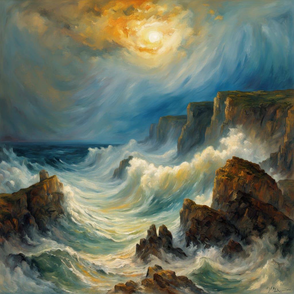 Oil Painting Of Waves Crashing Against Cliffs