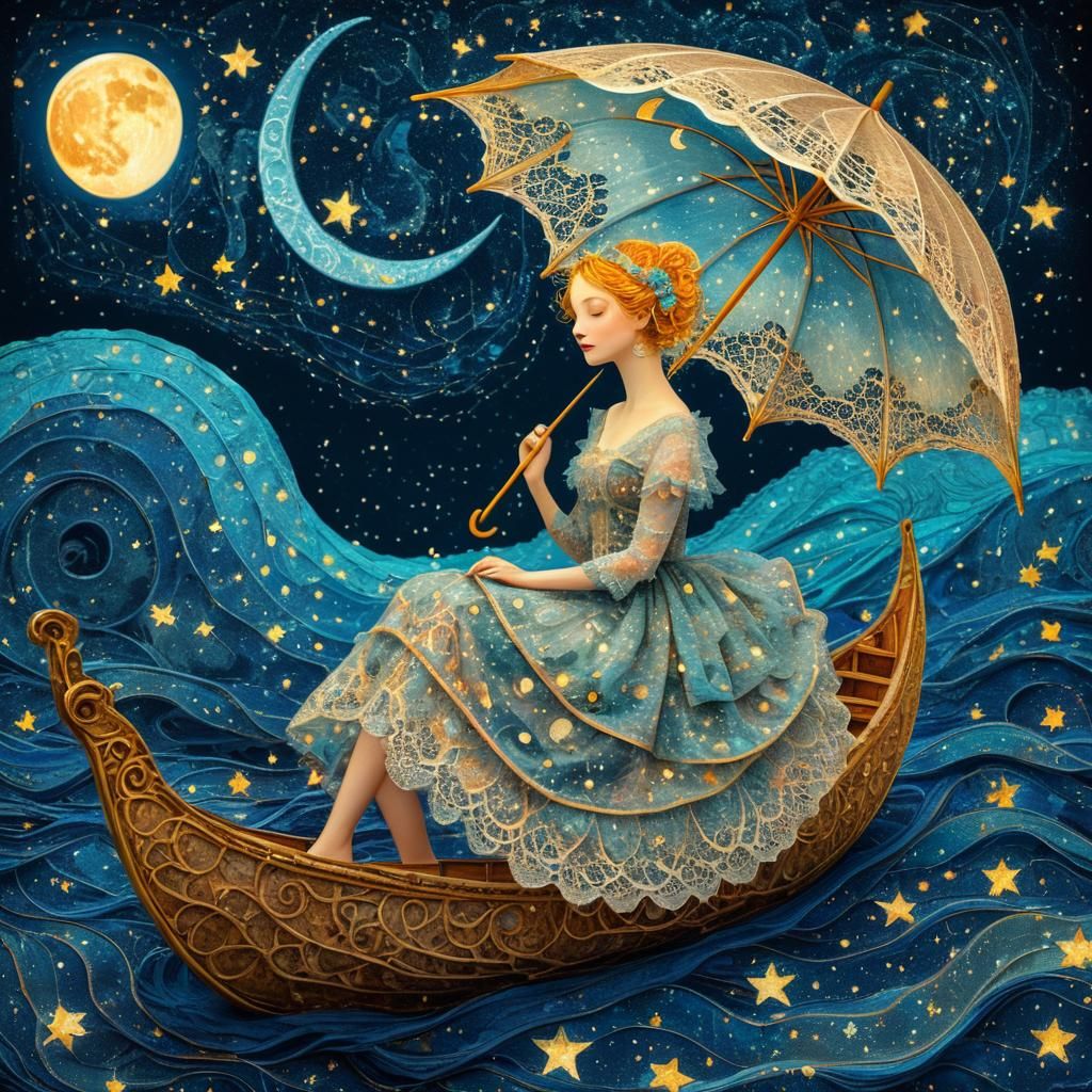 Fairy Sailing Leaf Boat in Surrealist Style