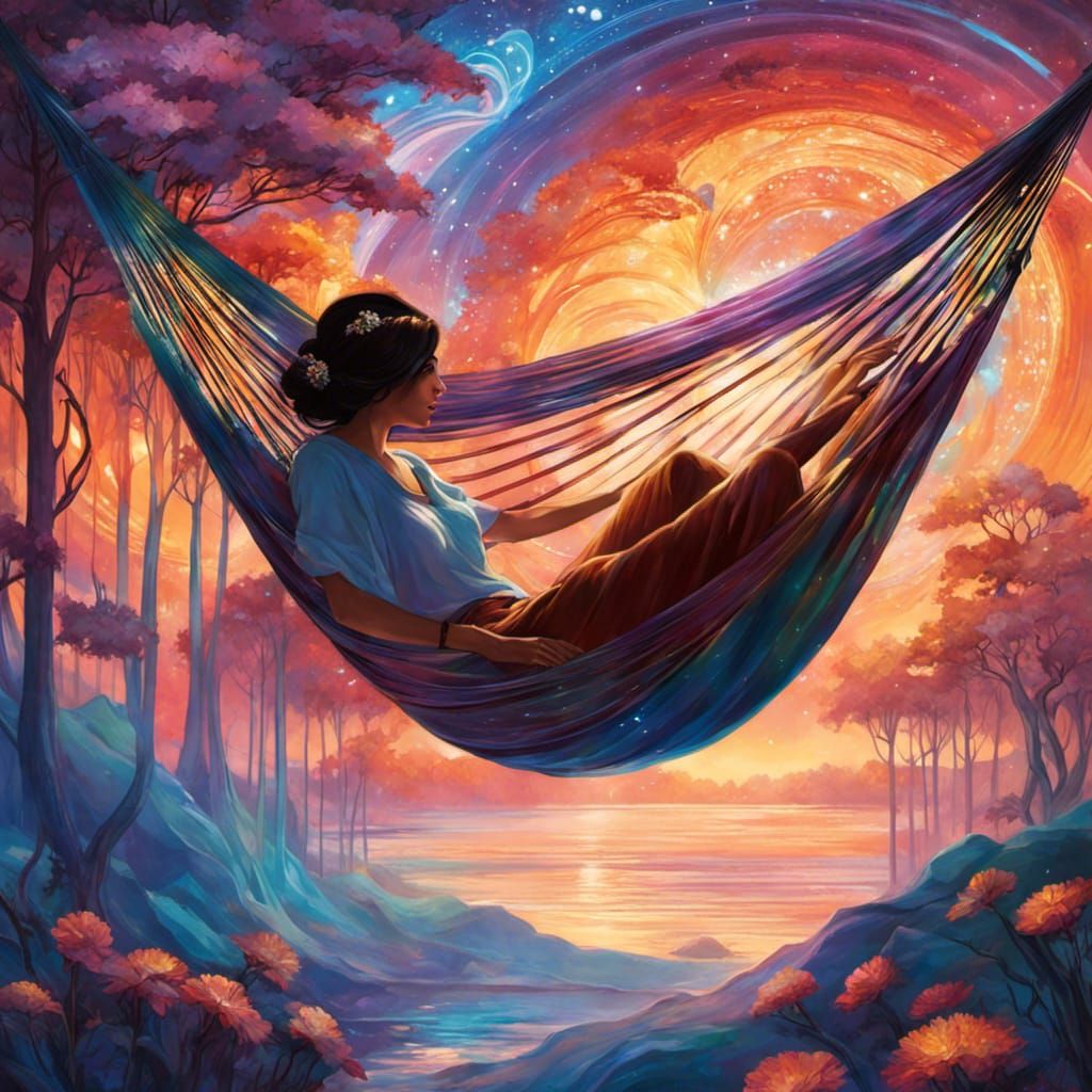 Hammock Floating Among Iridescent Nebulas in Digital Art
