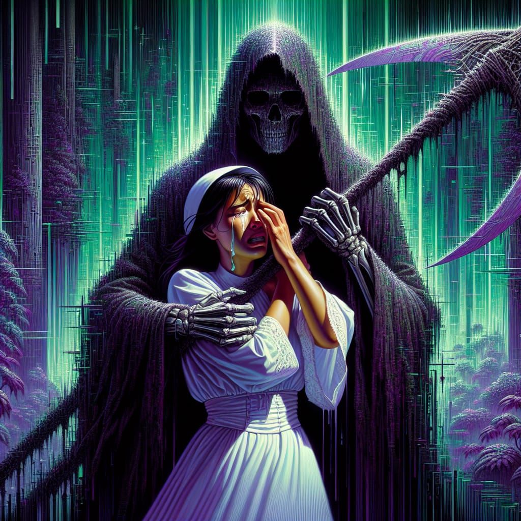 Distraught Woman Embraced by Shadowy Figure in Dieselpunk St...