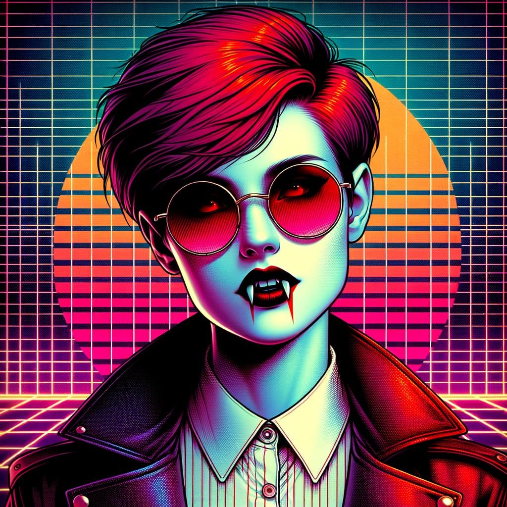 Synthwave Vampire Tomboy with Red Hair and Sunglasses
