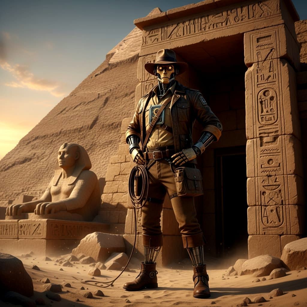 Indiana Jones Robot at Egyptian Pyramid Entrance