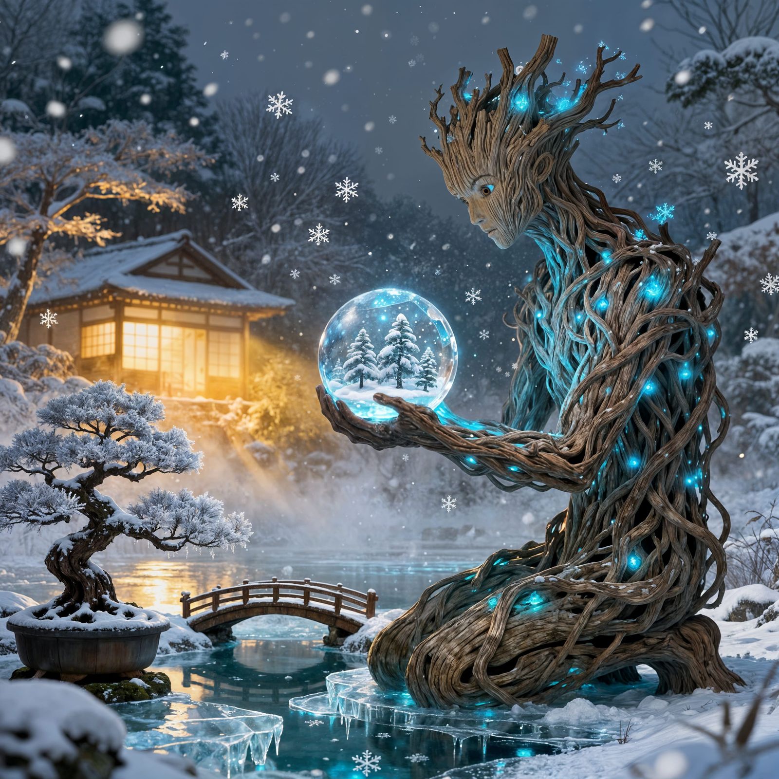 Tree Spirit in Winter Wonderland Holding Crystal
