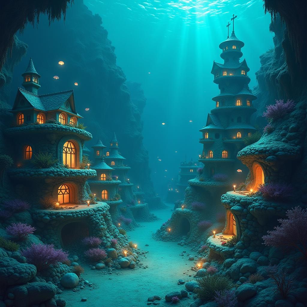 Mystical Underwater Pueblo in Futuristic Digital Art Style