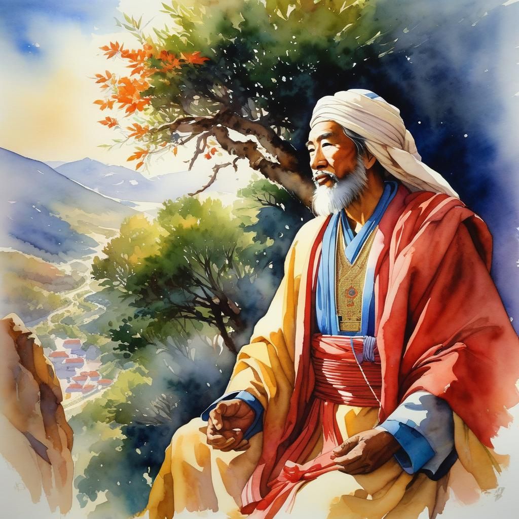 Detailed Watercolor Depiction of Religious Scene