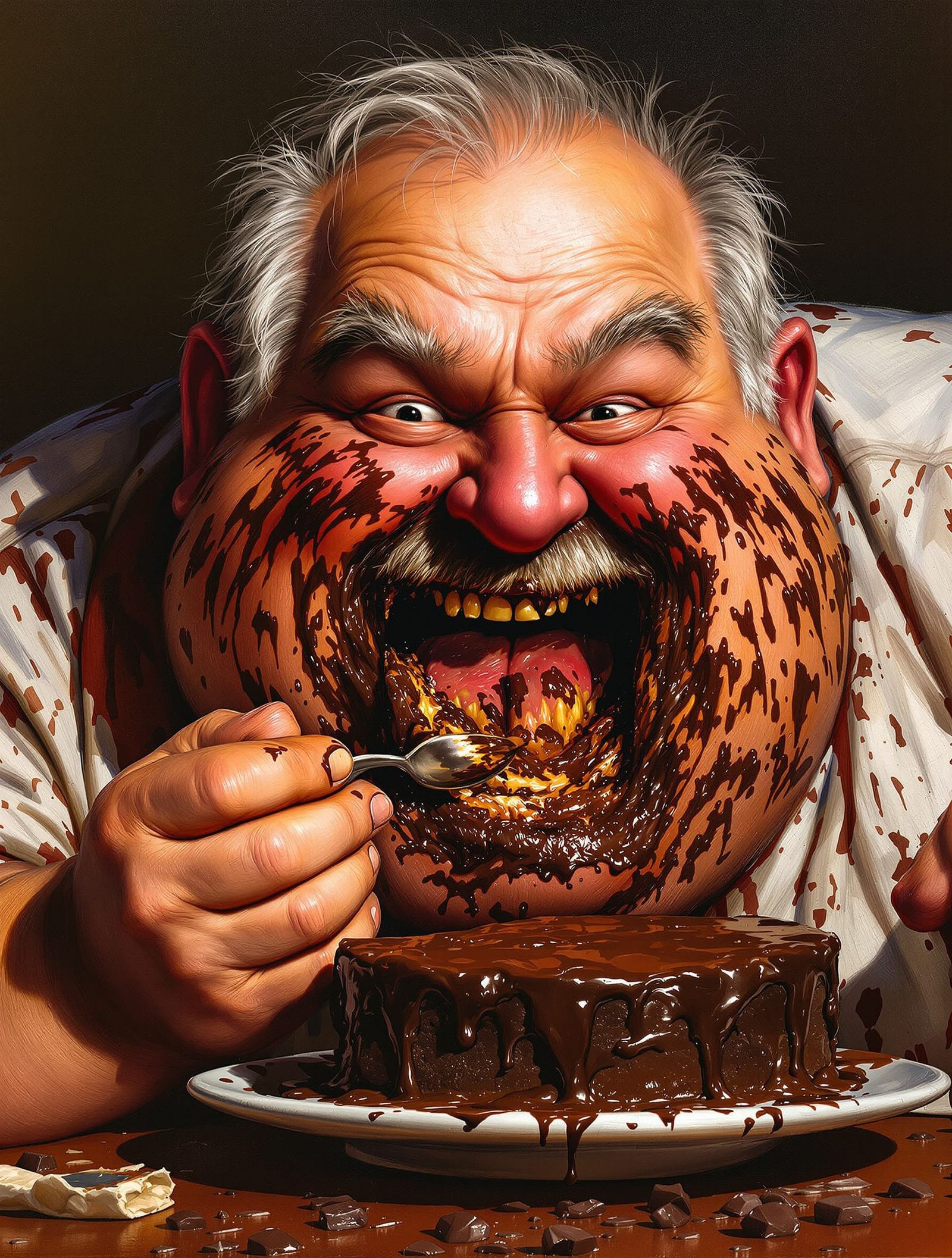 Man Joyfully Devours Chocolate Cake in Oil Painting Style