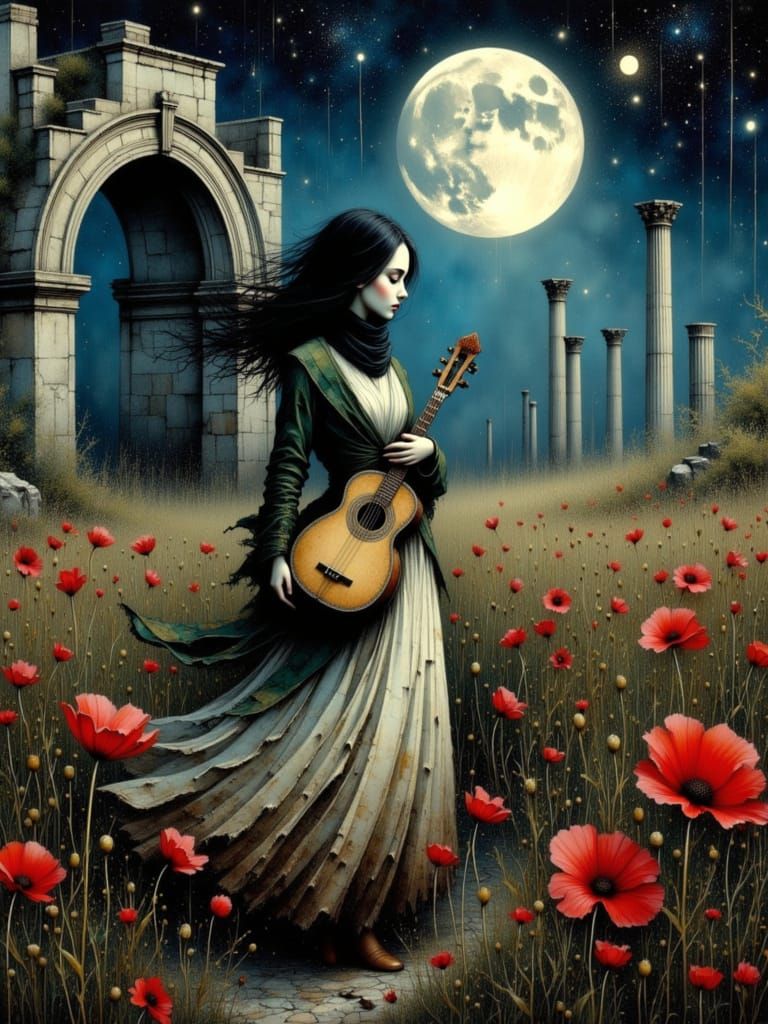 Melancholic Palestinian Woman with Oud in Impasto Style