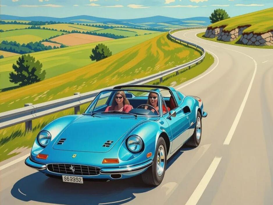 Vintage Ferrari and Porsche on a German Highway