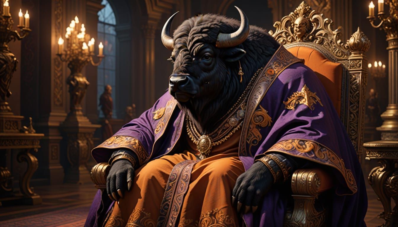 Anthropomorphic Buffalo on Throne in Renaissance Portrait
