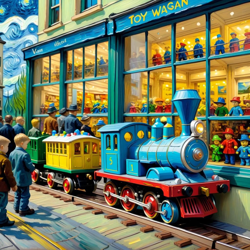 Toy Trains Parade: Van Gogh-Inspired Oil Painting