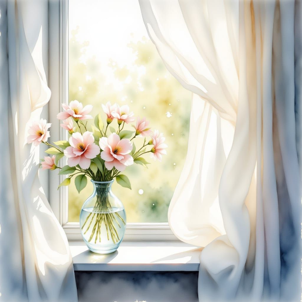 Glass Vase with Flowers, Watercolor Painting