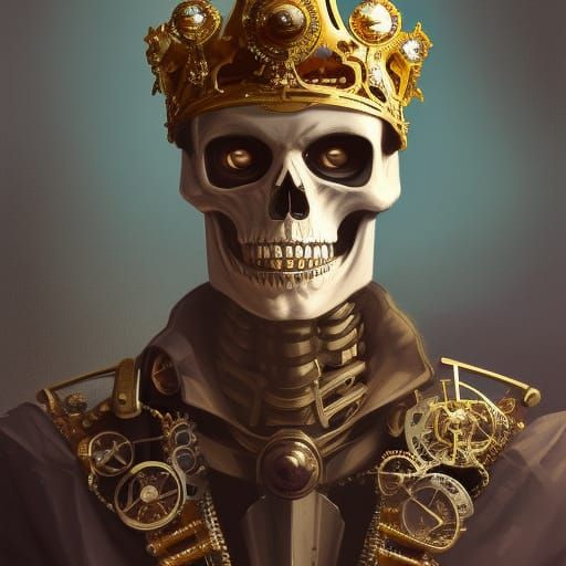 Steampunk Skeleton with Gold Crown, Detailed Portrait