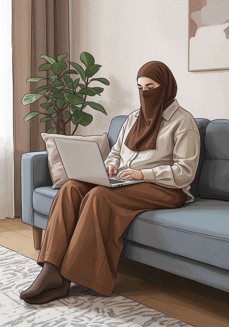 Beautiful Woman in Niqab Researching in Cozy Room