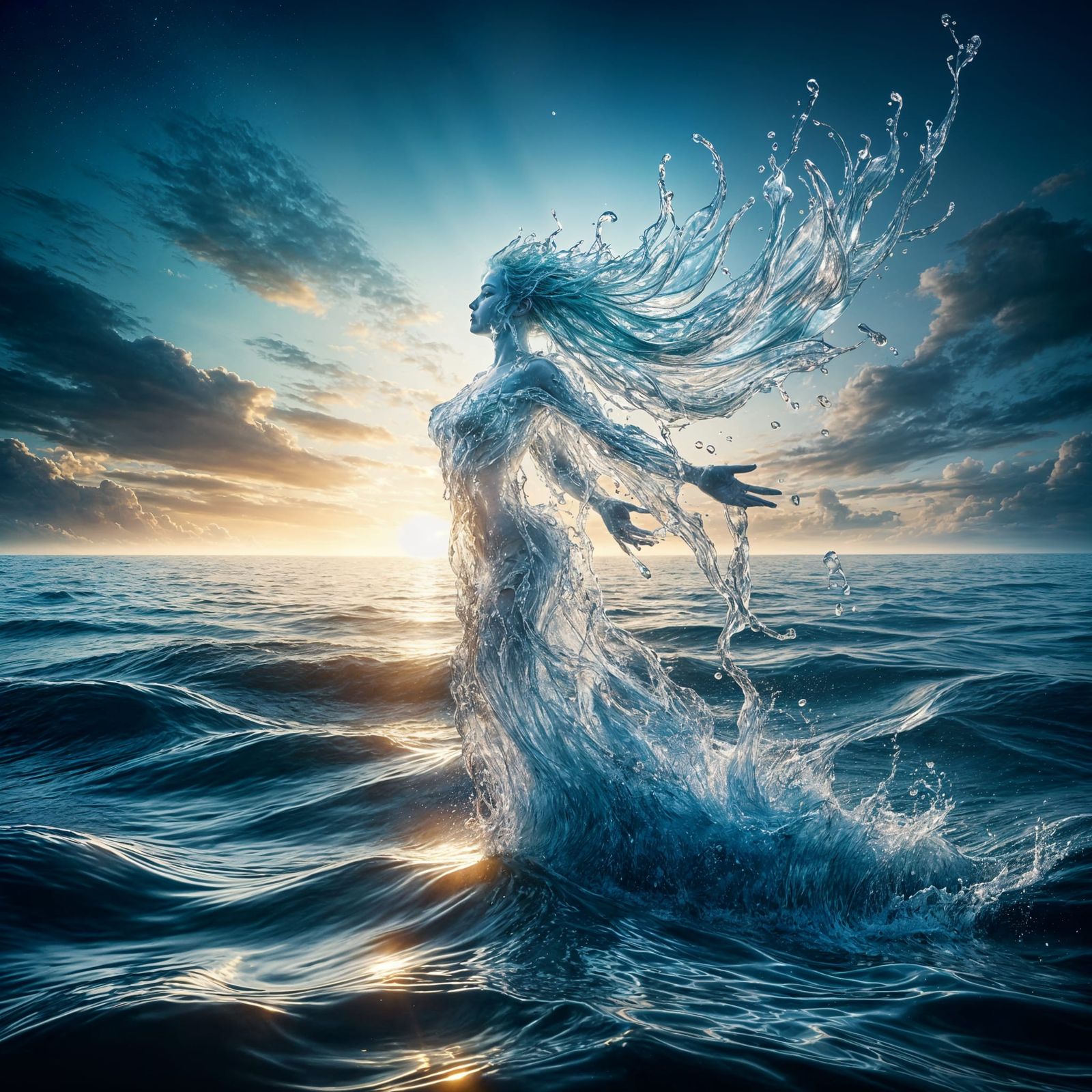 Ethereal Water Spirit Emerges from Ocean at Sunset