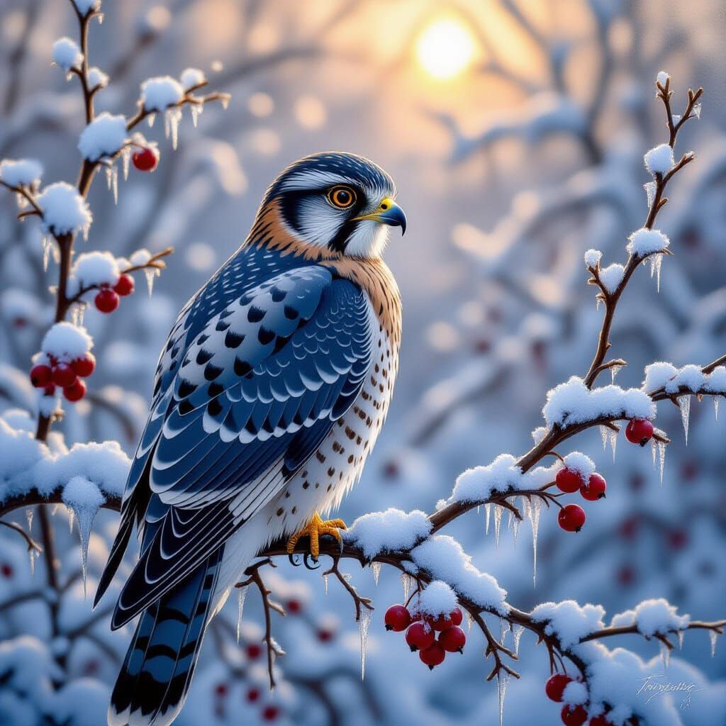 Cooper's Hawk in Snow-Laced Brambles Oil Painting
