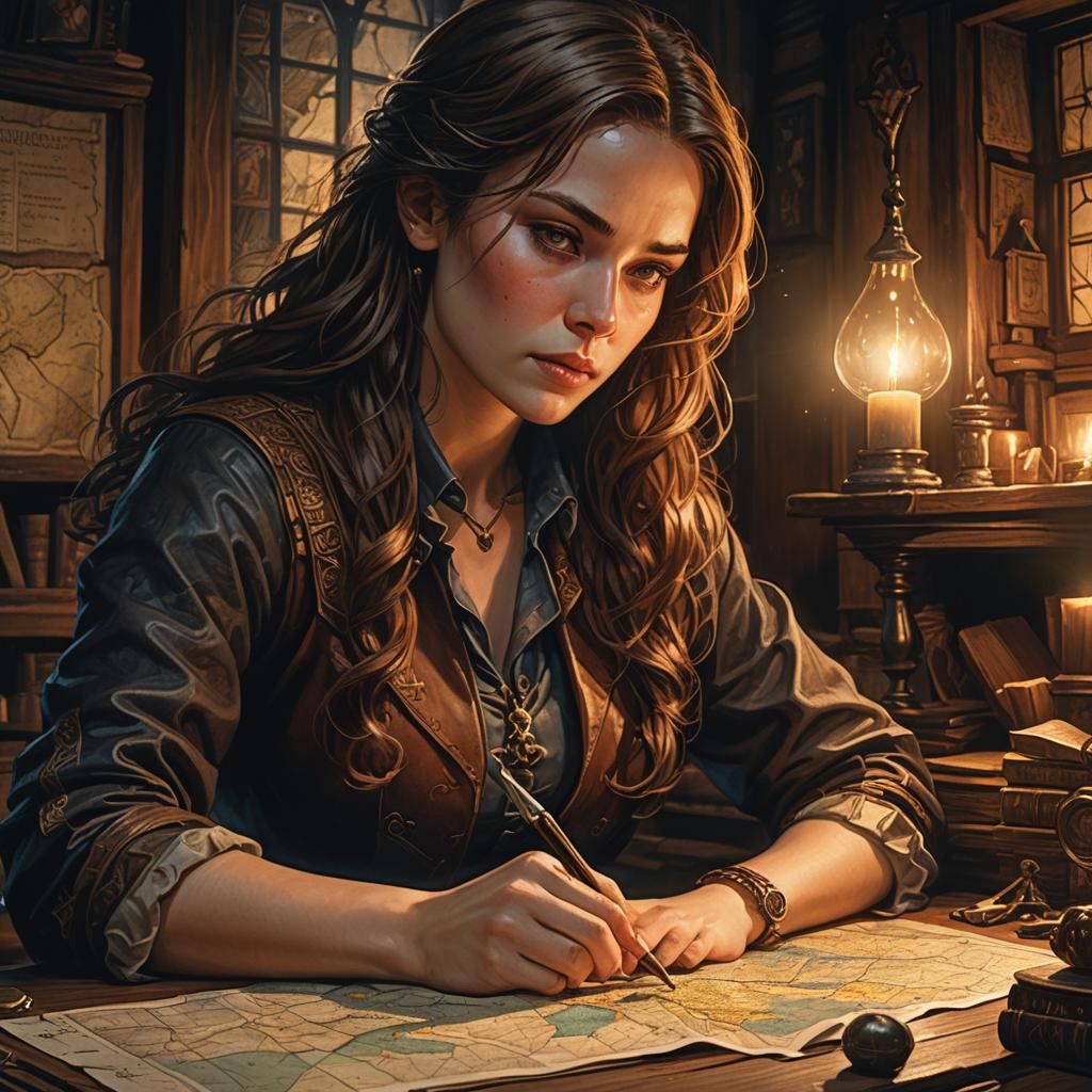 Woman Mapmaker in Mystical Study: Fantasy Art