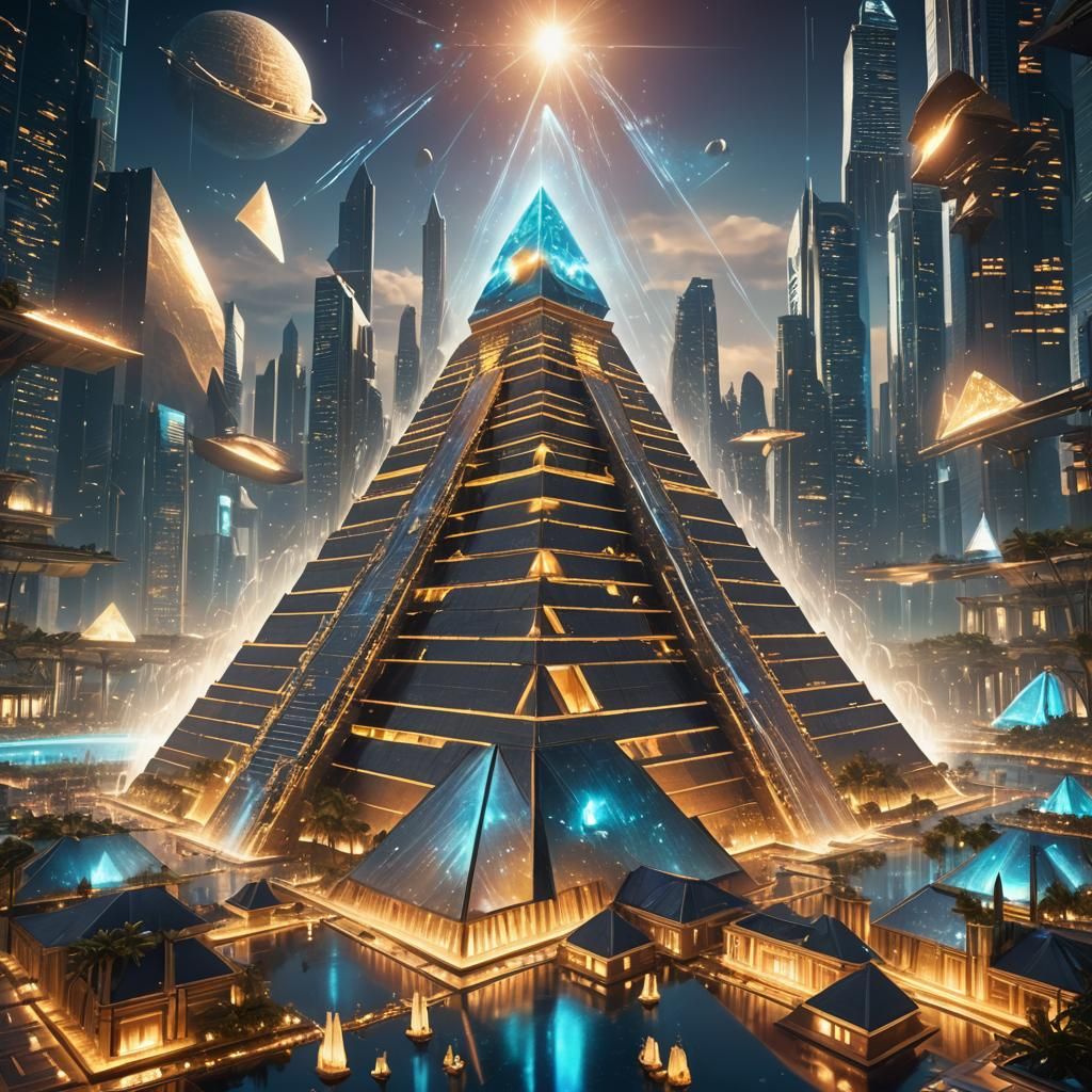 Futuristic Atlantis Pyramid Temple with Holographic Display
