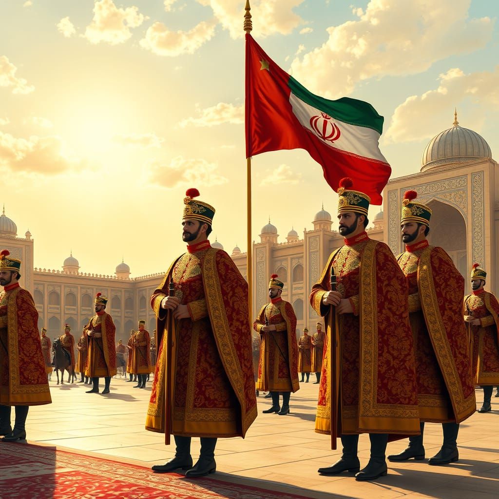 Regal Guards in Qajar-Era Attire with Imperial Persian Flag