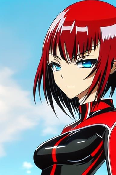Anime Girl in Red and Black Latex Catsuit