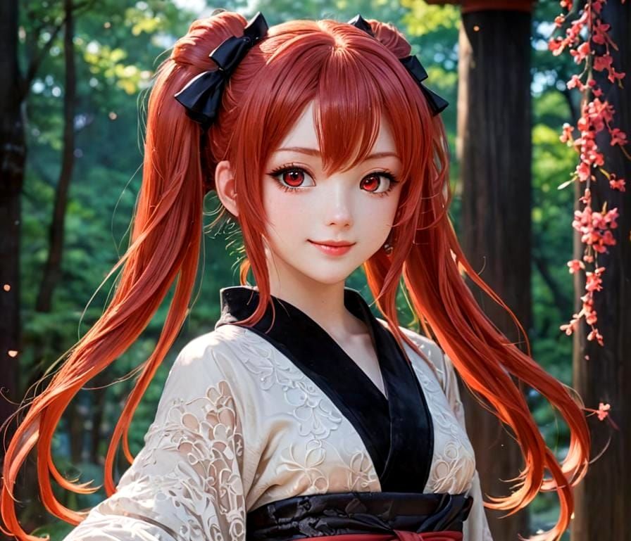 Anime Girl with Red Hair in Kimono, Digital Illustration
