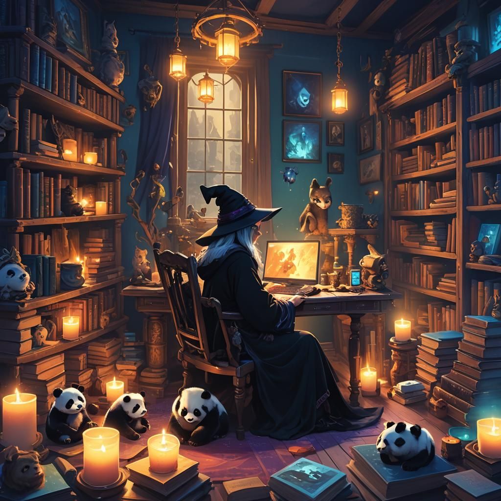 Witch Gaming with Panda in Fantasy Setting
