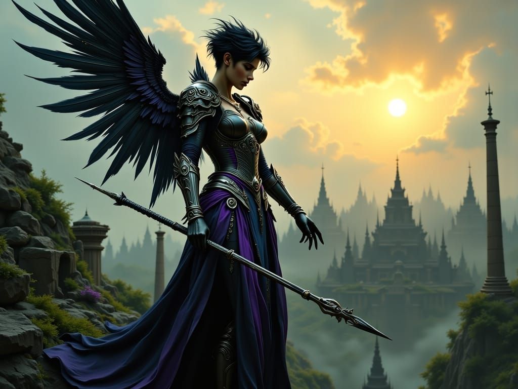 Armored Angel Guardian Overlooks Ancient Ruins