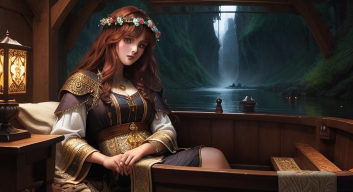 Sad Woman in Boat, Pre-Raphaelite Style