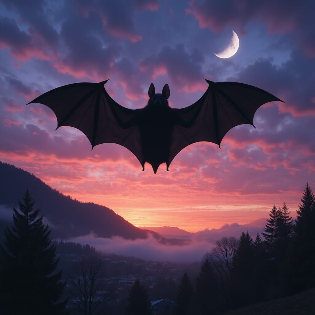 Bat Silhouette over Misty Valley in Matte Painting Style