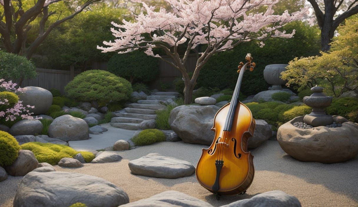 Double Bass in Zen Garden: Hyperrealistic Concept Art
