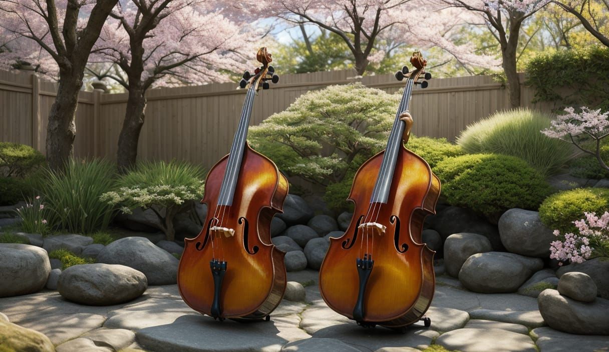 Double Bass in Zen Garden: Hyperrealistic Concept Art