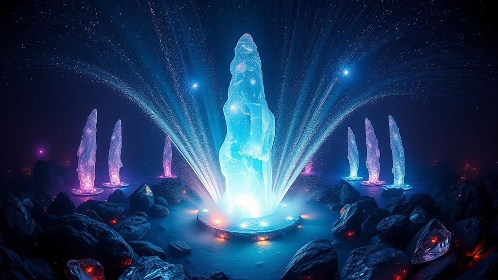 Cosmic Gemstone Fountain in Bioluminescent Style