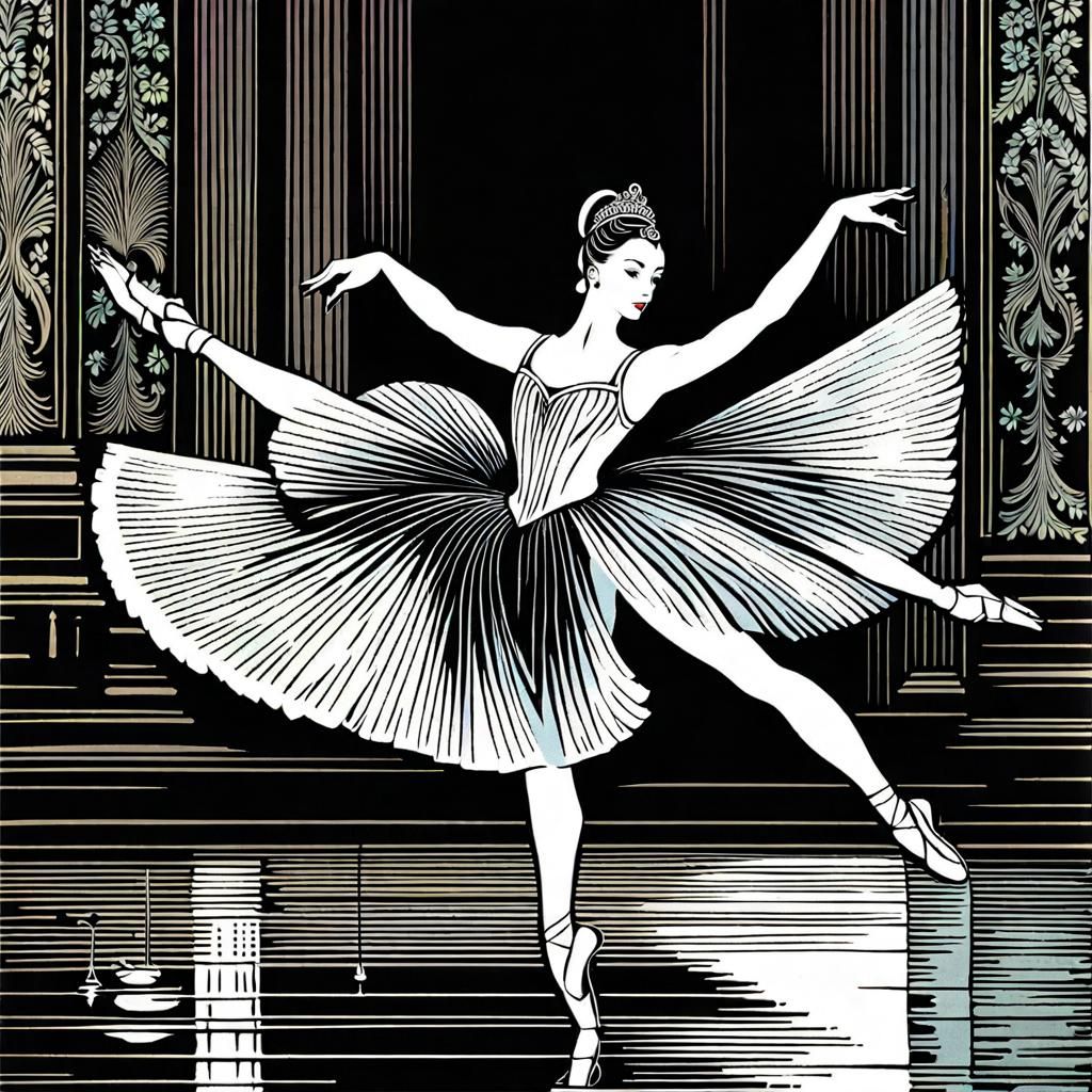 Holographic Ballerina in Swan Lake: Romantic Woodcut Style