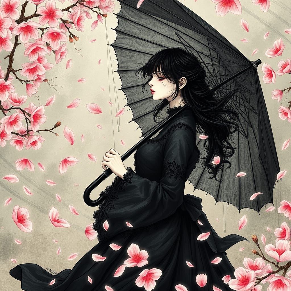 Sakura Petals on the Wind in Gothic Lolita Style