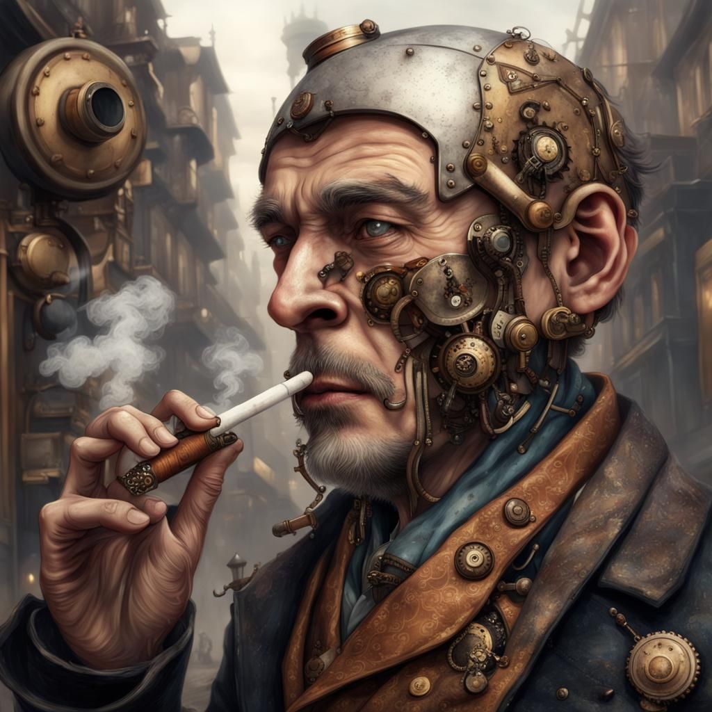 Deformed Man Smoking in Steampunk Cityscape