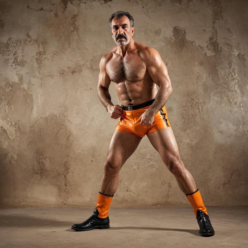 Gritty Photo of Burly Spanish Wrestler in Orange Trunks