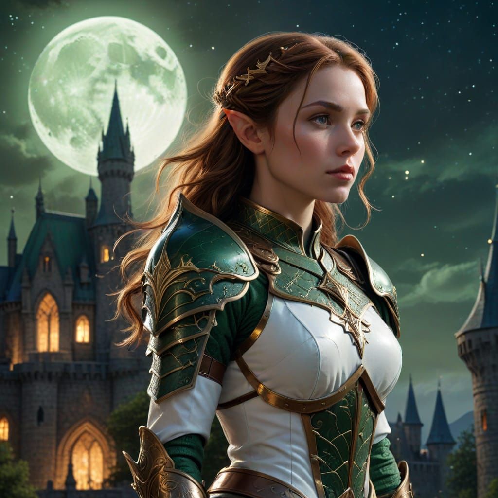 Elf Knight in White and Green Uniform Near Castle