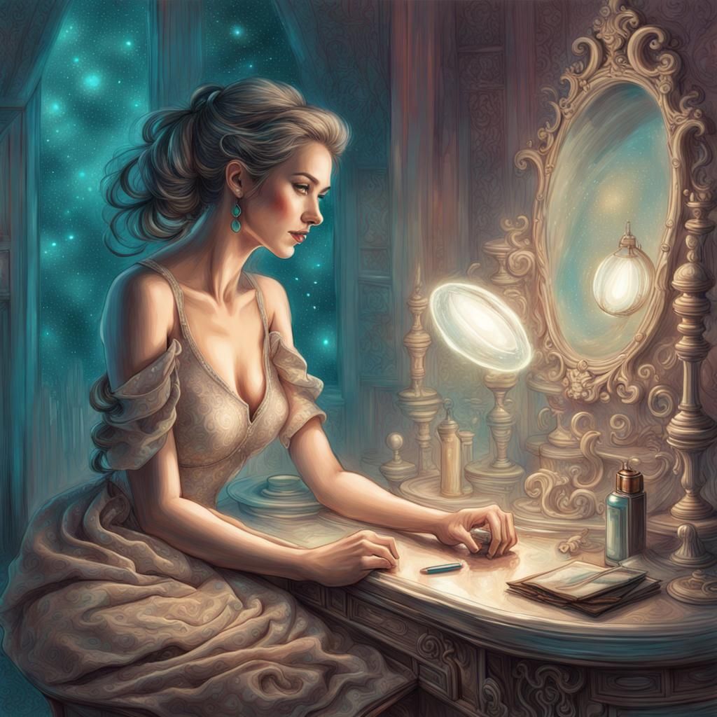 Bioluminescent Woman at Dressing Table: Digital Painting