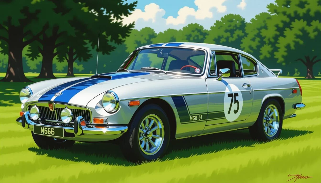 Hyperrealistic MG MGB GT V8 Painting with Blue Graphics