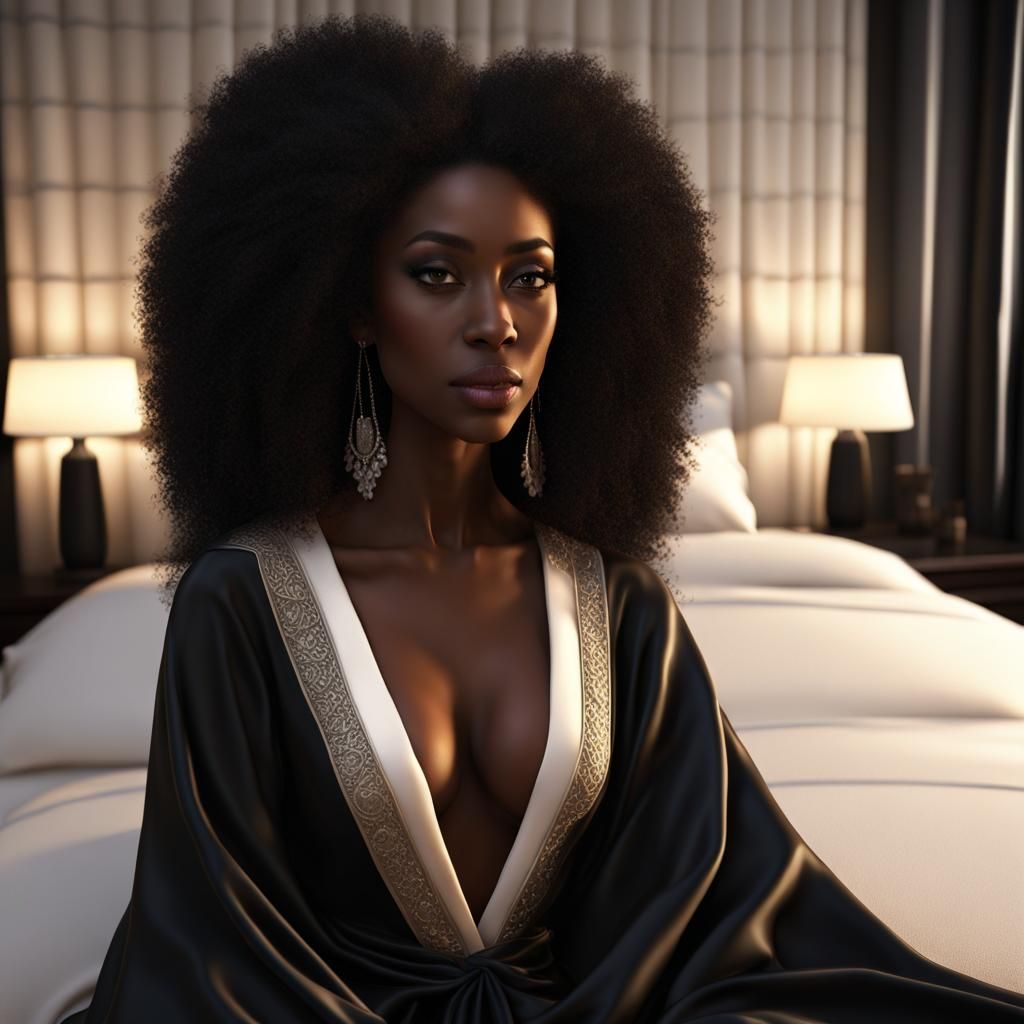 Gorgeous Melanin Model in Lavish Black Robe