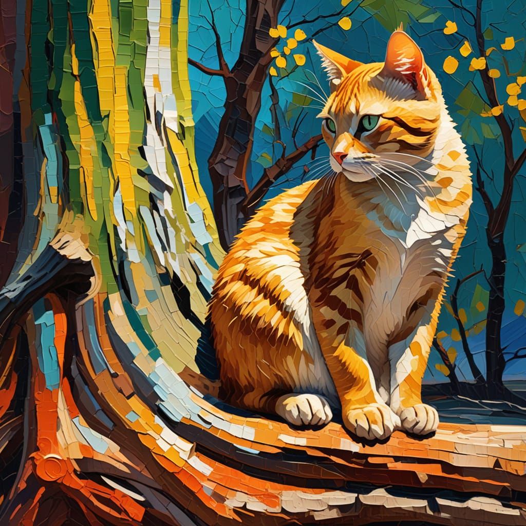 Vibrant Cat in Warm Light, Thick Impasto Oil Painting
