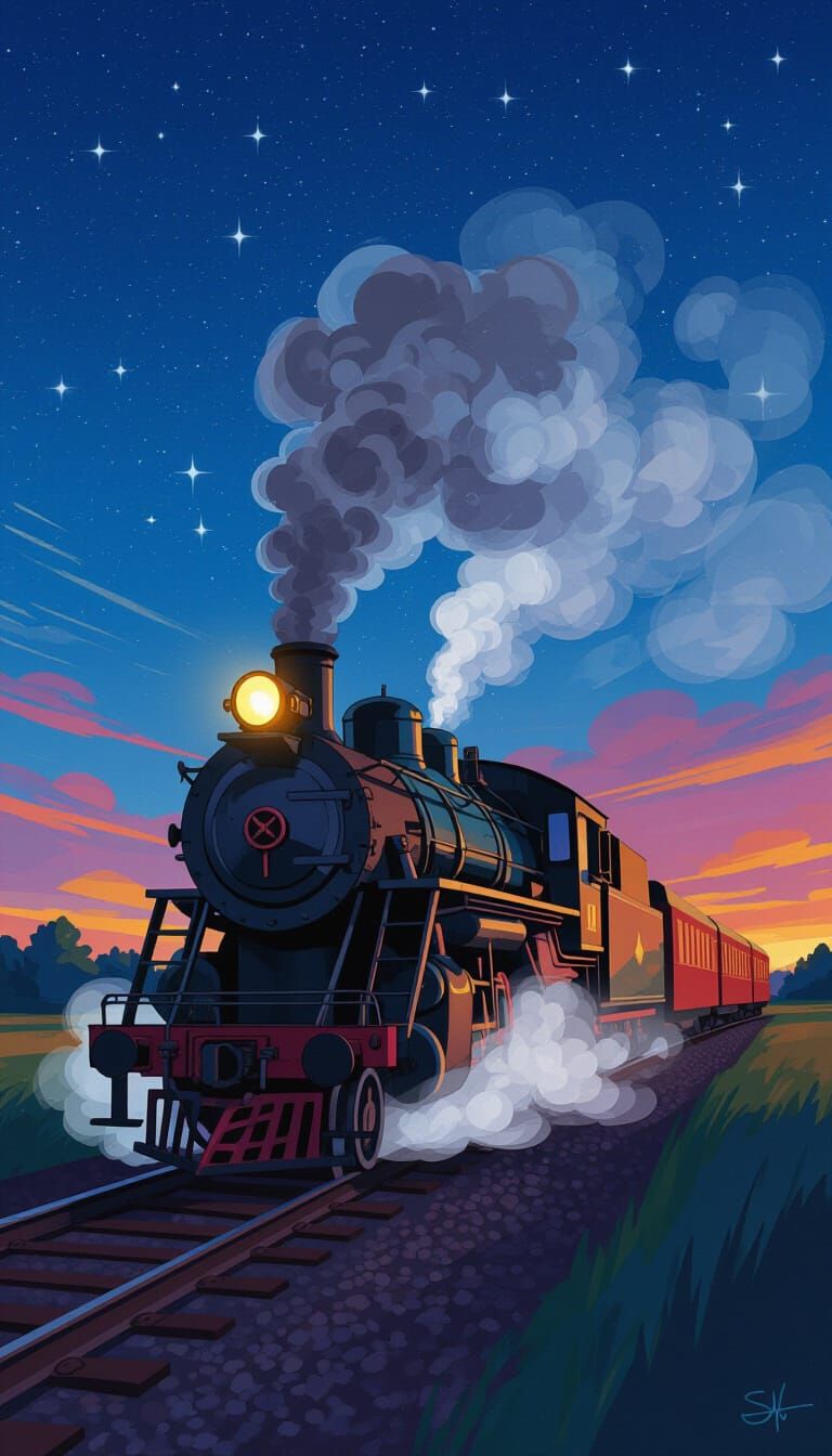 Steam Train Journey Under Starry Skies