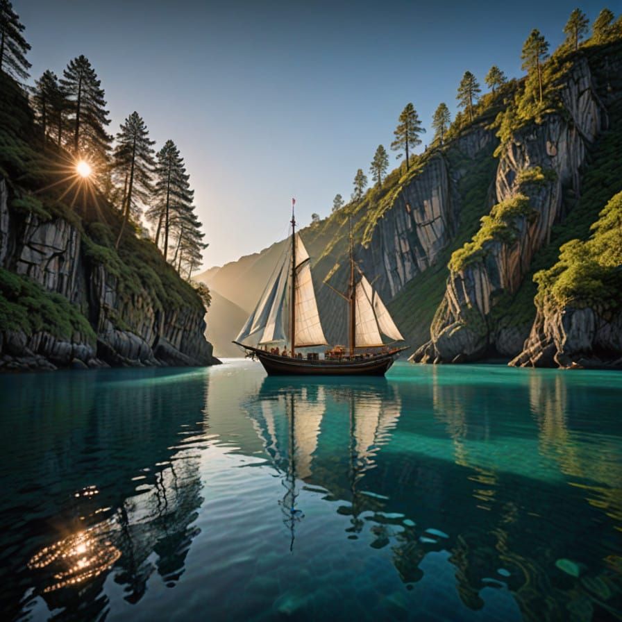 Majestic Stained Glass Galleon Sails Tranquil Turquoise Wate...