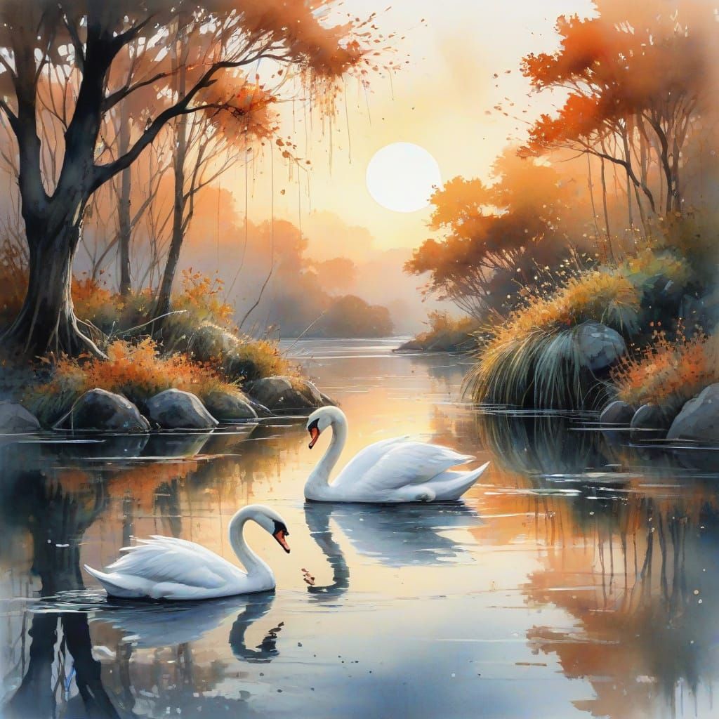Ethereal Autumn Swans at a Lakeside Shrine