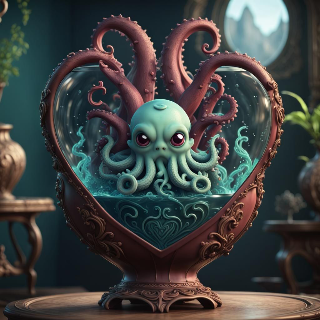 Chibi Kraken in Heart Vase: Detailed Digital Art