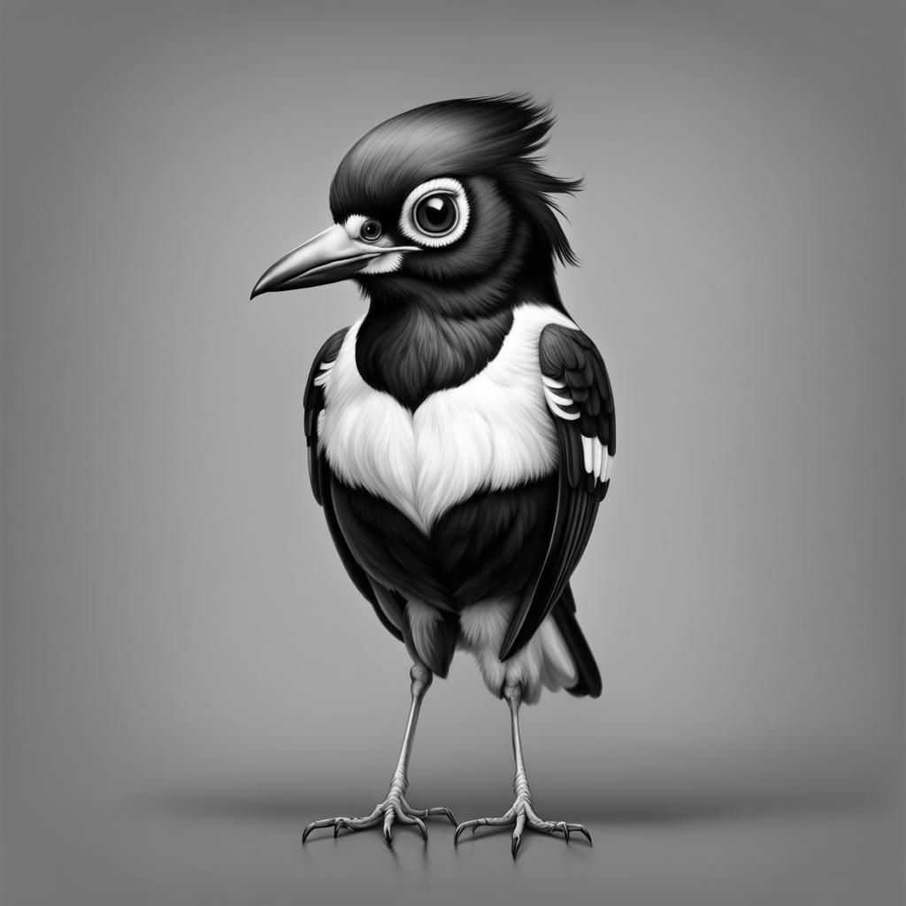 Magpie Bird Illustration in Big-Eyed Style