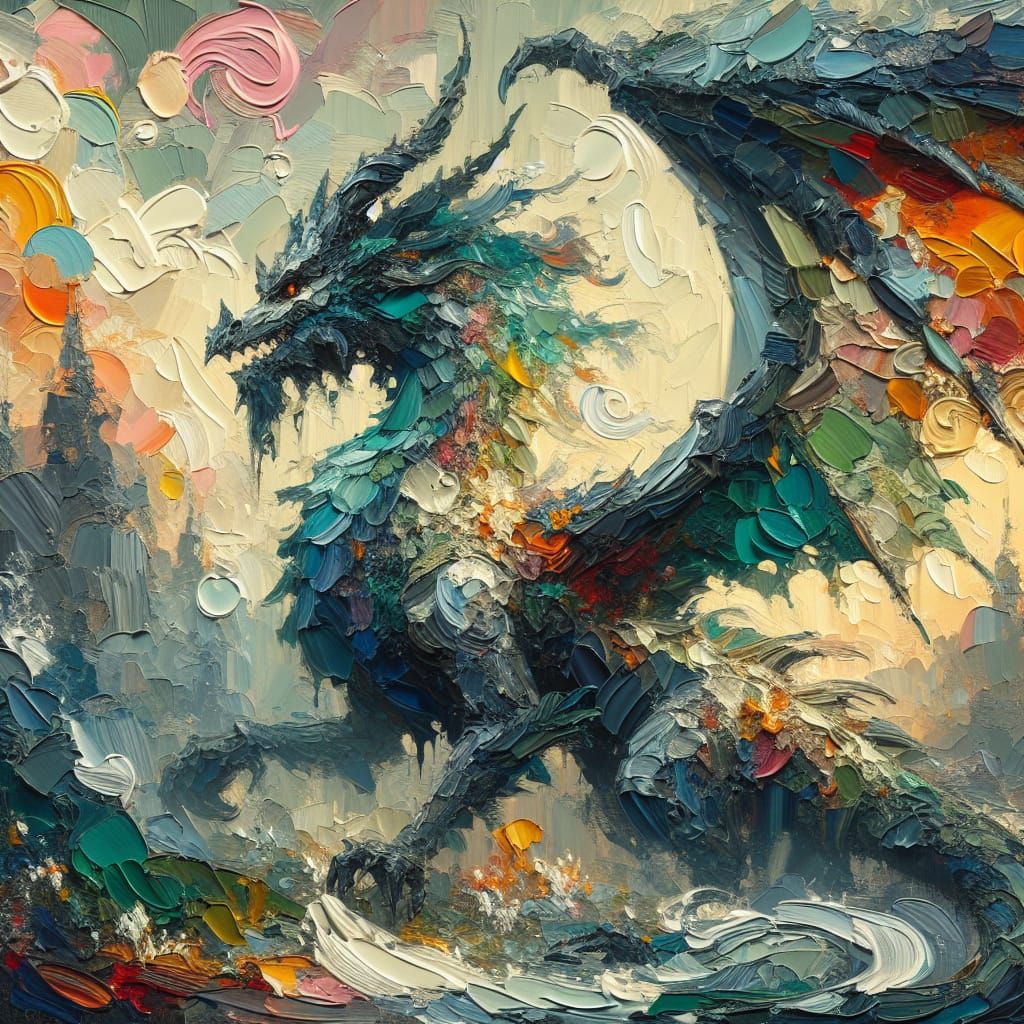 Impressionistic Dragon Rendered as Impasto Oil Painting