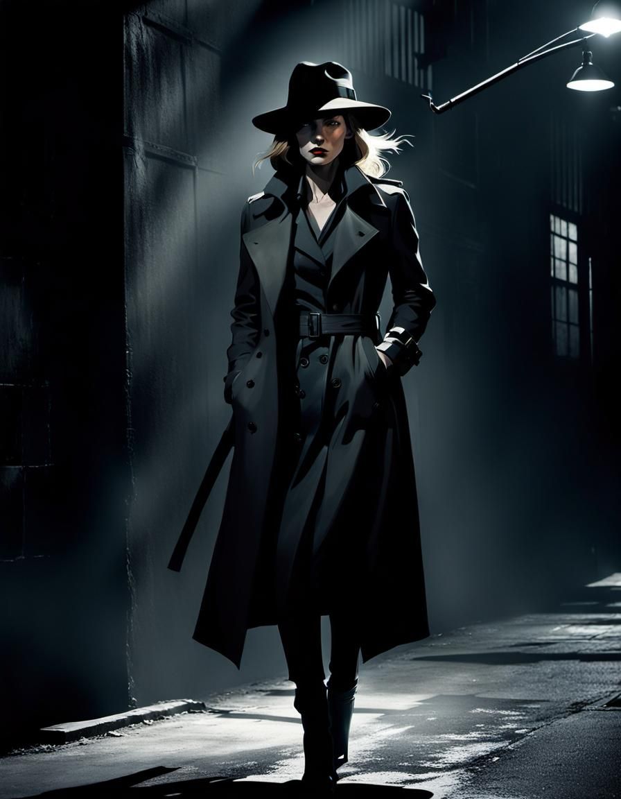 Female Noir Detective in Shadowy Alley