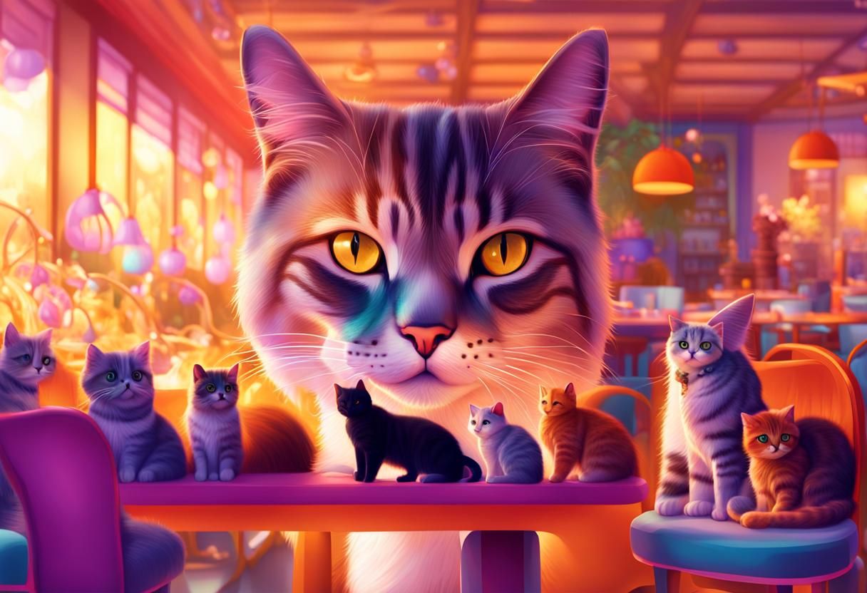 Cat Cafe Owner Surrounded by Cats: Hyperrealistic Digital Ar...